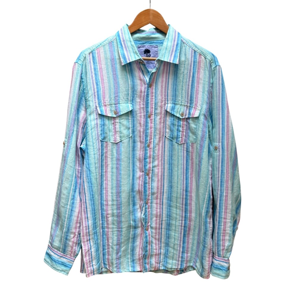 Ocean & Coast Shirt Mens L Multi Color Striped 100% Linen Roll Tab Casual Button